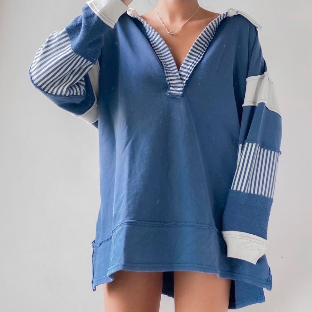 Free People Stripe Color Block Oversize Polo Sweatshirt Top in Blue